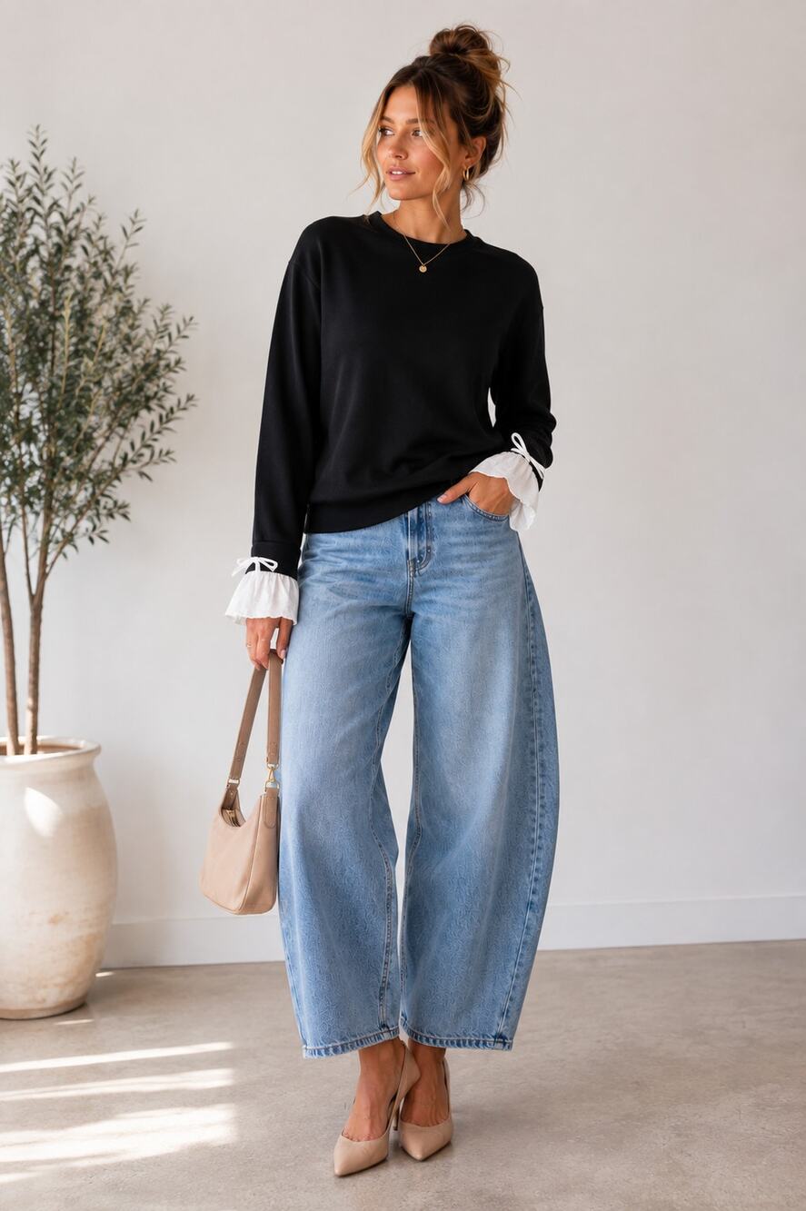 Carolina Belle Black Crew Neck Sweater w/ White Contrast Cuffs Womens XS Preppy